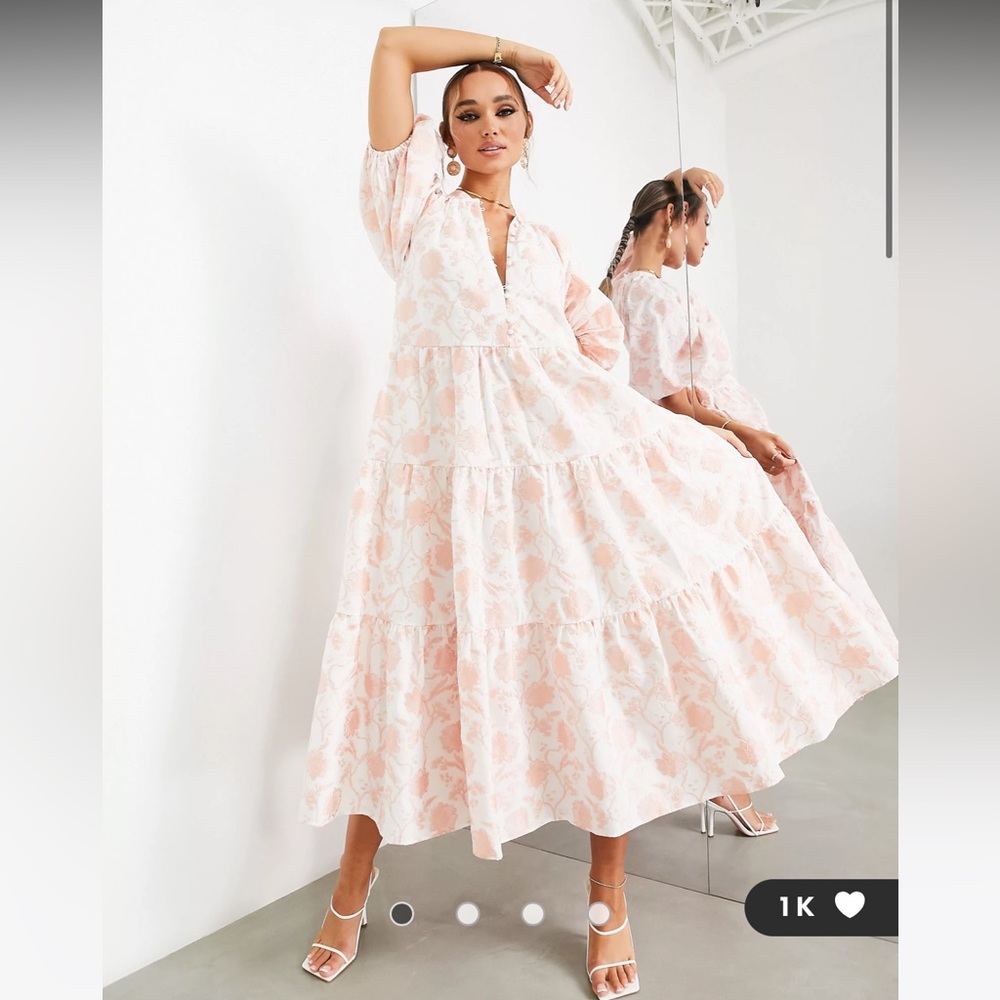 ASOS EDITION tiered smock midi dress in pink floral jacquard Sz 4 NWT
